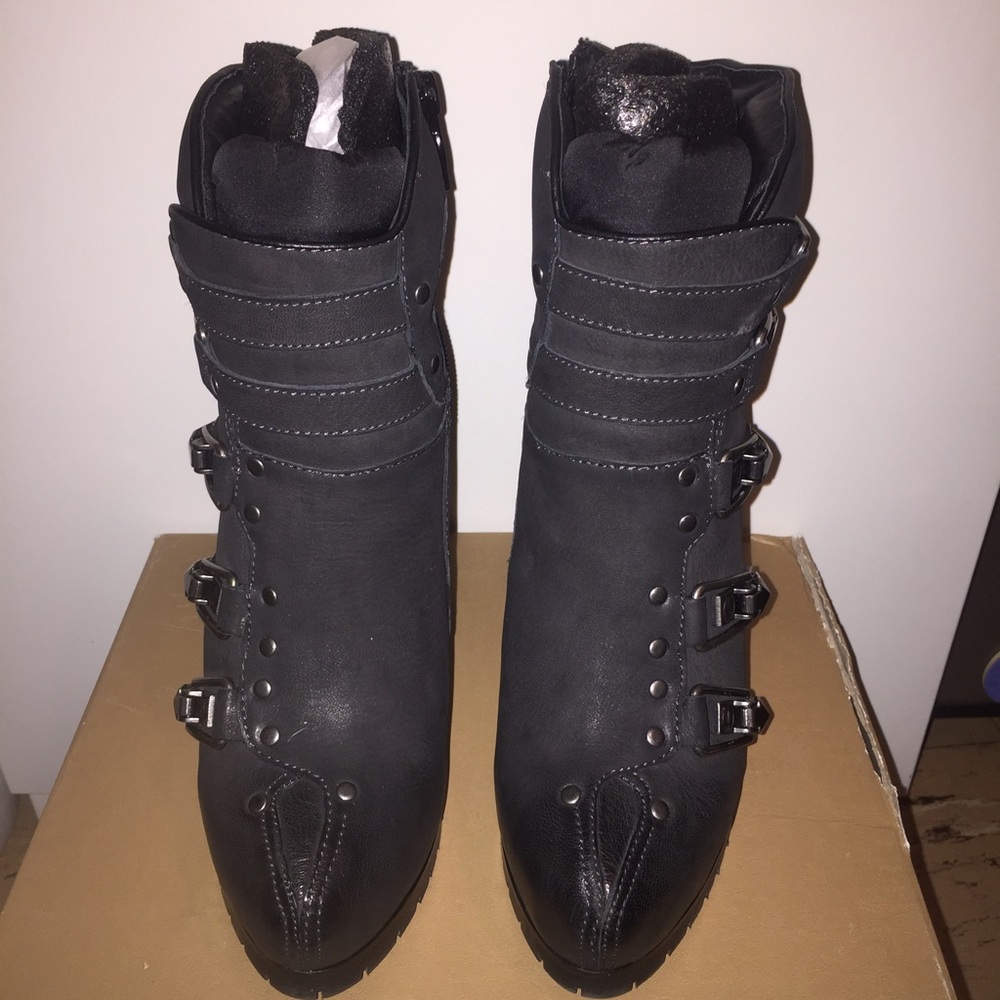 Ash Charcoal Heeled Boots with Strap Accents - Picture 2 of 4